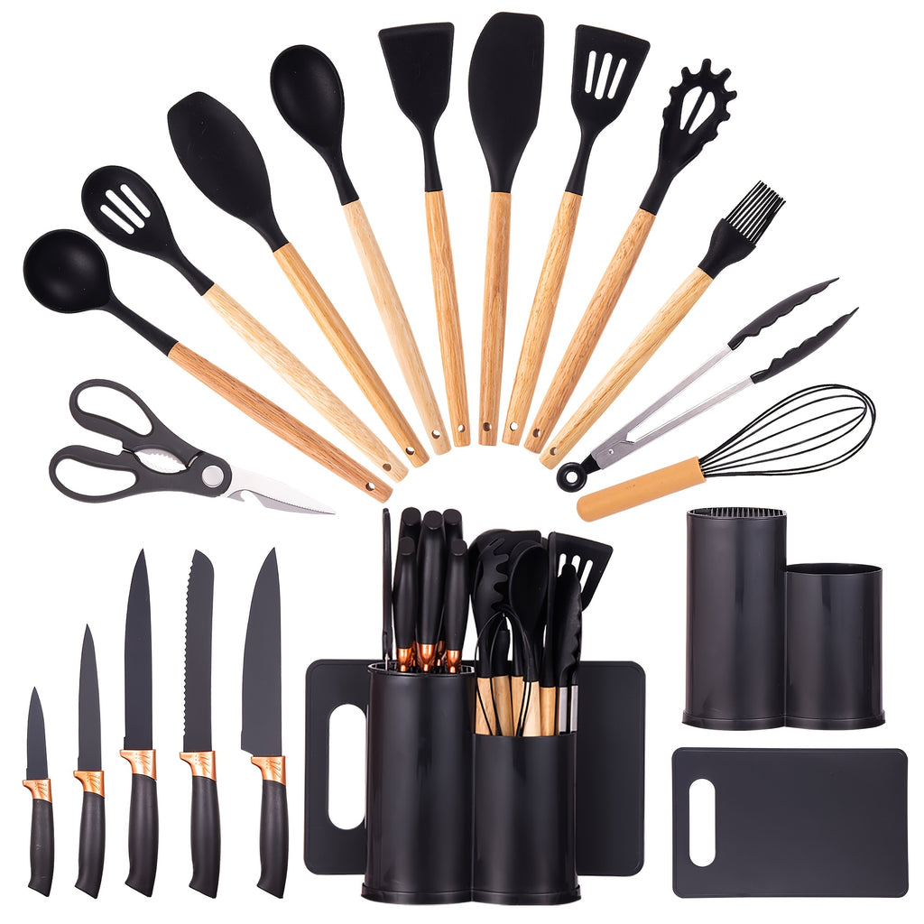 19-Piece Kitchen Knife & Utensil Set with Block – Silicone Cooking Tools, Wooden Handles, Stainless Steel Knives, Cutting Board & Scissors | All-in-One Kitchen Starter Set for Home, Dorm & Housewarming Gift
