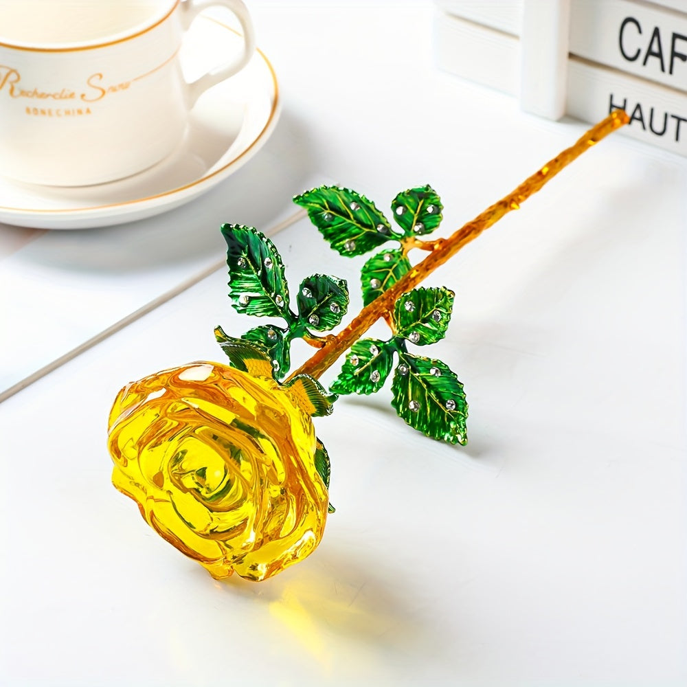 Crystal Rose Decorative Accent Flower Sculpture, Single Stem Glass Rose Home Decor Ornament, Indoor Outdoor Room Decoration, Valentine's Day Christmas Birthday Gift for Her Him – 4 Colors