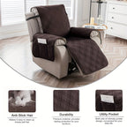 Quilted Recliner Chair Cover with Pocket Non-Slip Hook Loop Closure - 100% Polyester Washable Reclining Chair Slipcover Furniture Protector for Pets Dogs Cats, Easy Install, 9 Colors