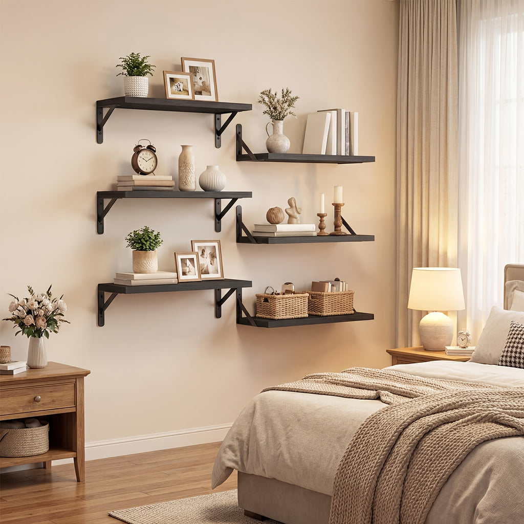 Farmhouse Floating Wall Shelves 3/6pcs Heavy Duty Long Ledge Shelf Set for Bedroom, Bathroom, Living Room & Kitchen Decor, Wall Mounted Storage Shelving for Home Organization