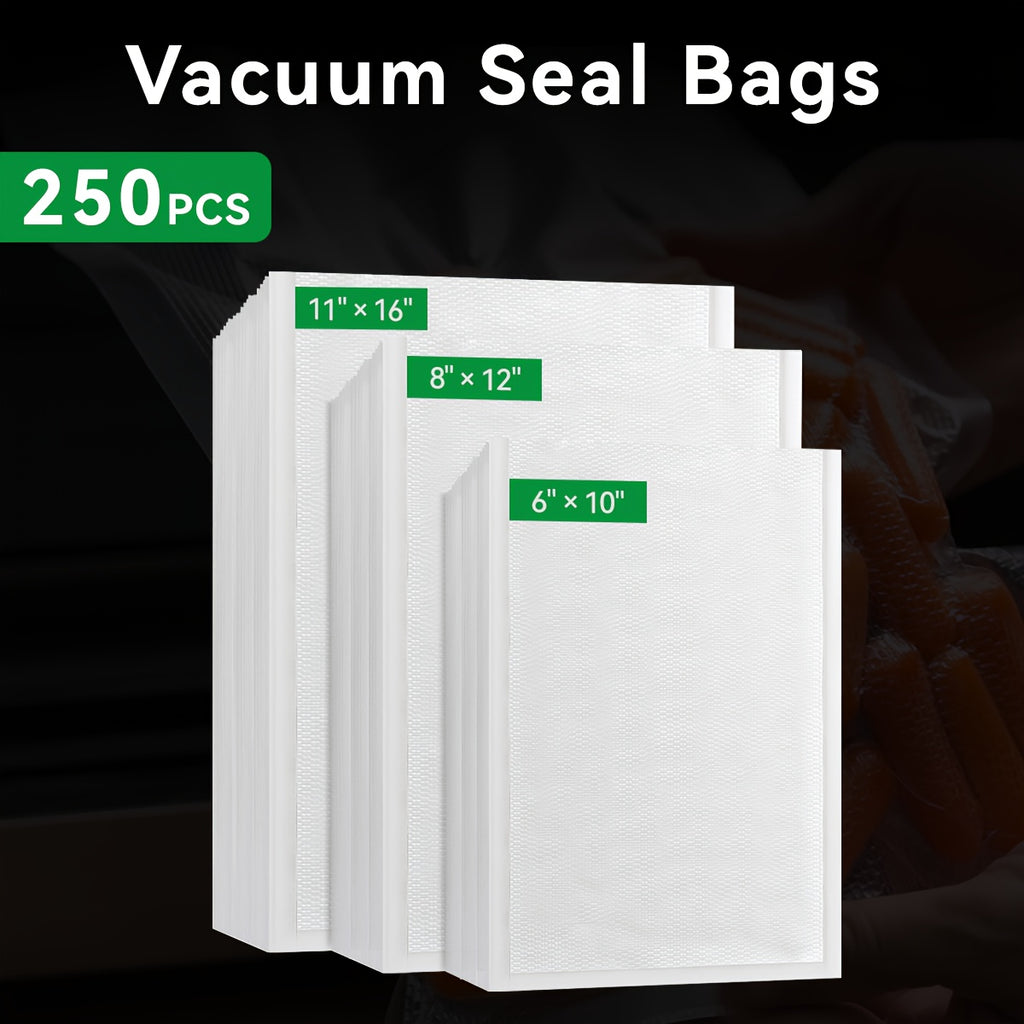 250-Piece BPA-Free Vacuum Sealer Bags, 3 Sizes (6"x10" + 8"x12" + 11"x16") for Food Storage & Meal Prep — Compatible with All Vacuum Sealing Machines