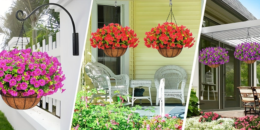 UV-Resistant Artificial Hanging Flowers with Container – Fake Petunia Hanging Plants in 6 Colors, Realistic Faux Blooms for Outdoor Garden, Patio, Porch, Balcony Railing, Wedding & Mother’s Day Decor