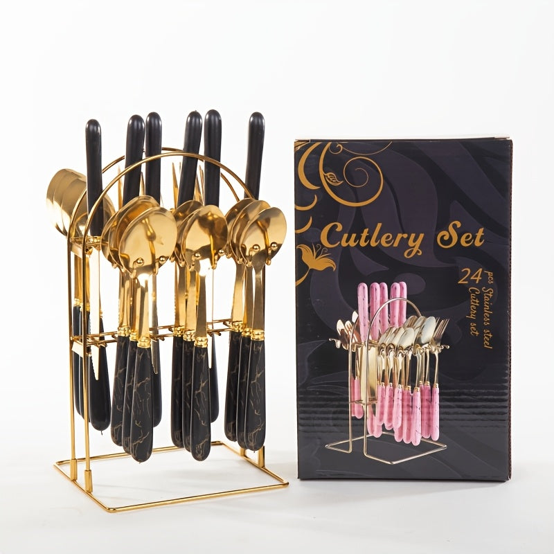 24-Piece Marble Pattern Stainless Steel Flatware Set Western Steak Knife Fork Spoon with Gift Box and Storage Rack