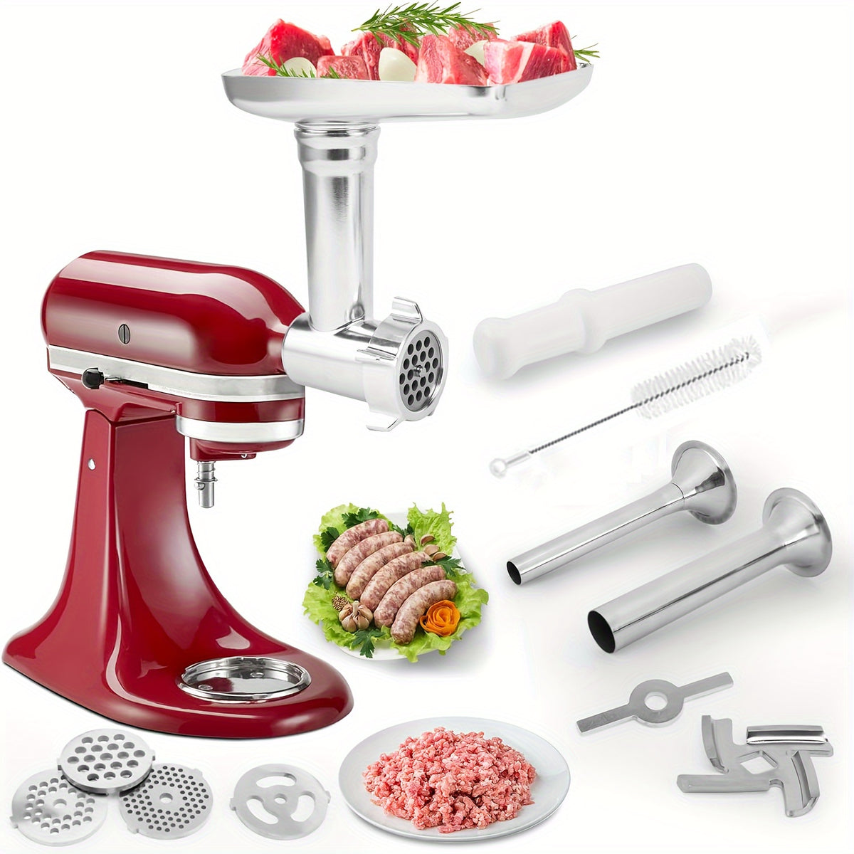 Meat Grinder Attachment for KitchenAid Stand Mixers, Metal Food Grinder with 4 Grinding Plates, 4 Blades, 2 Sausage Stuffer Tubes & Cleaning Brush — Fits All KitchenAid Models, Perfect Kitchen Gift