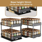 Pull Out Spice Rack Organizer 2 Pack Double Tier Adjustable Under Cabinet Sliding Spice Bottle Holder - Rust Resistant L-Shaped Kitchen Storage Black