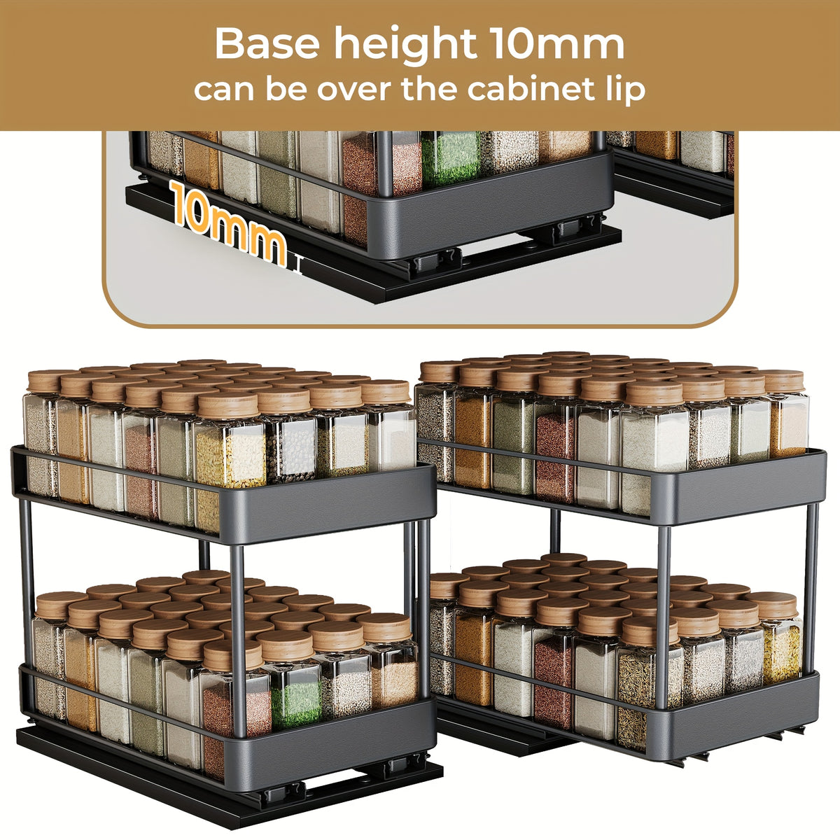 Pull Out Spice Rack Organizer 2 Pack Double Tier Adjustable Under Cabinet Sliding Spice Bottle Holder - Rust Resistant L-Shaped Kitchen Storage Black