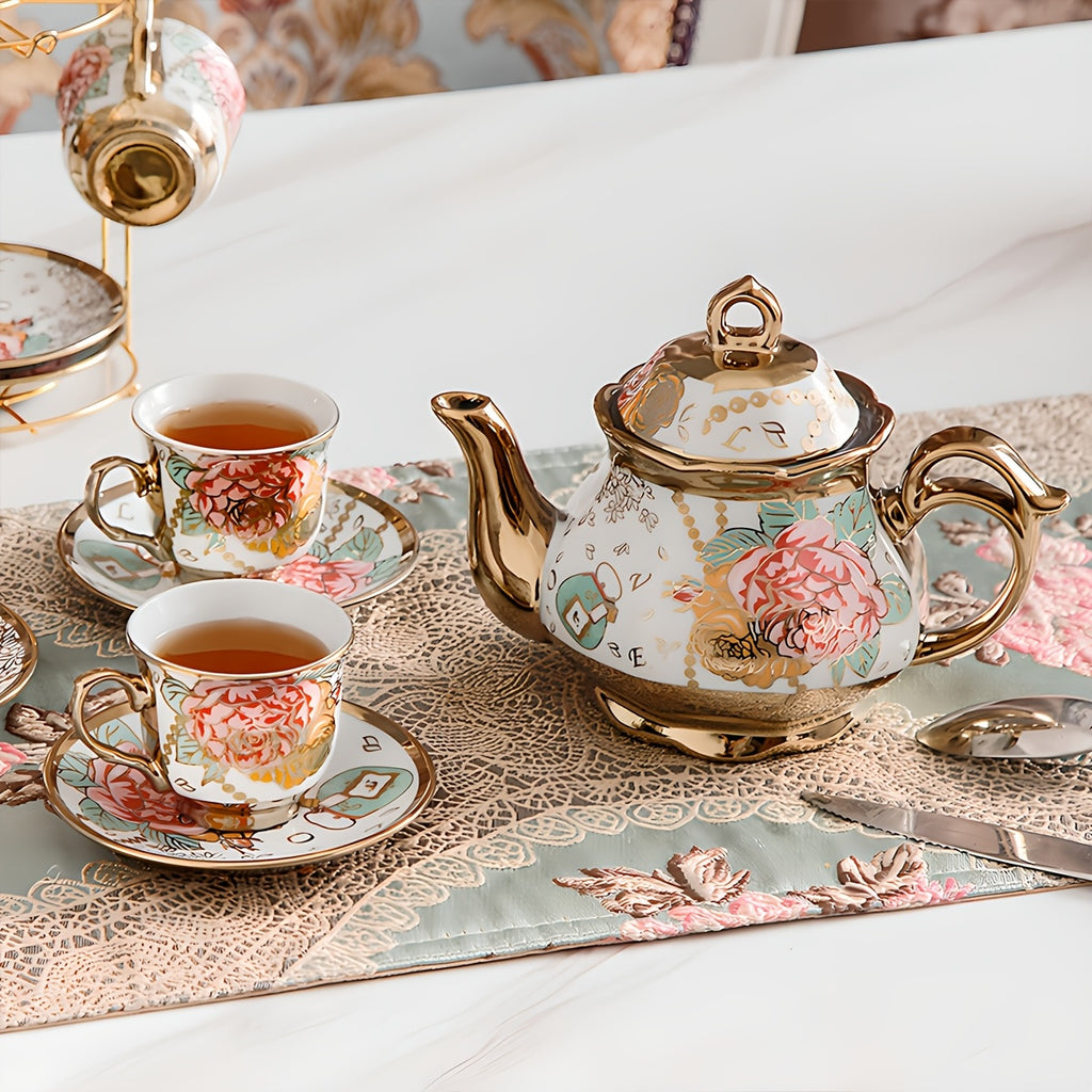 20-Piece Floral Porcelain Tea Set with Metal Holder & Teapot - European Ceramic Espresso Cup and Saucer Set, 3.3oz Cups 15oz Teapot, Afternoon Tea Gift for Golden Pink Purple Flower