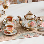 20-Piece Floral Porcelain Tea Set with Metal Holder & Teapot - European Ceramic Espresso Cup and Saucer Set, 3.3oz Cups 15oz Teapot, Afternoon Tea Gift for Golden Pink Purple Flower