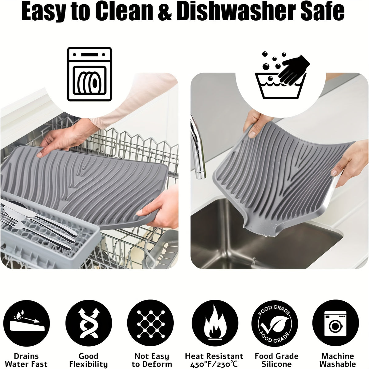 Large Silicone Dish Drying Mat & Drain Pad 34.5x19in – Slope Drainage Design, Heat Resistant, Countertop Protector for Kitchen & Bathroom