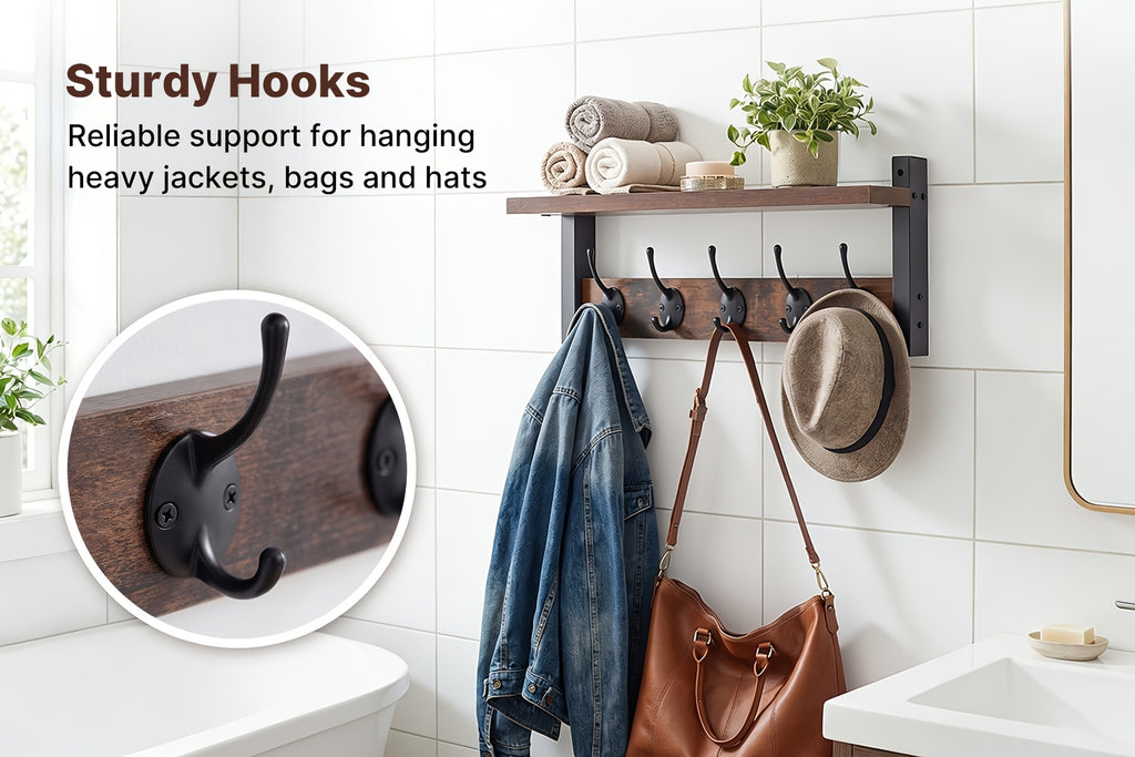 Wooden Wall-Mounted Shelf with 5 Hooks – Floating Coat Rack & Key Organizer for Entryway, Bedroom & Bathroom, Towel Hook Rail, Wall Storage for Kitchen & Living Room, Rustic Wood Hanging Shelf with Hooks