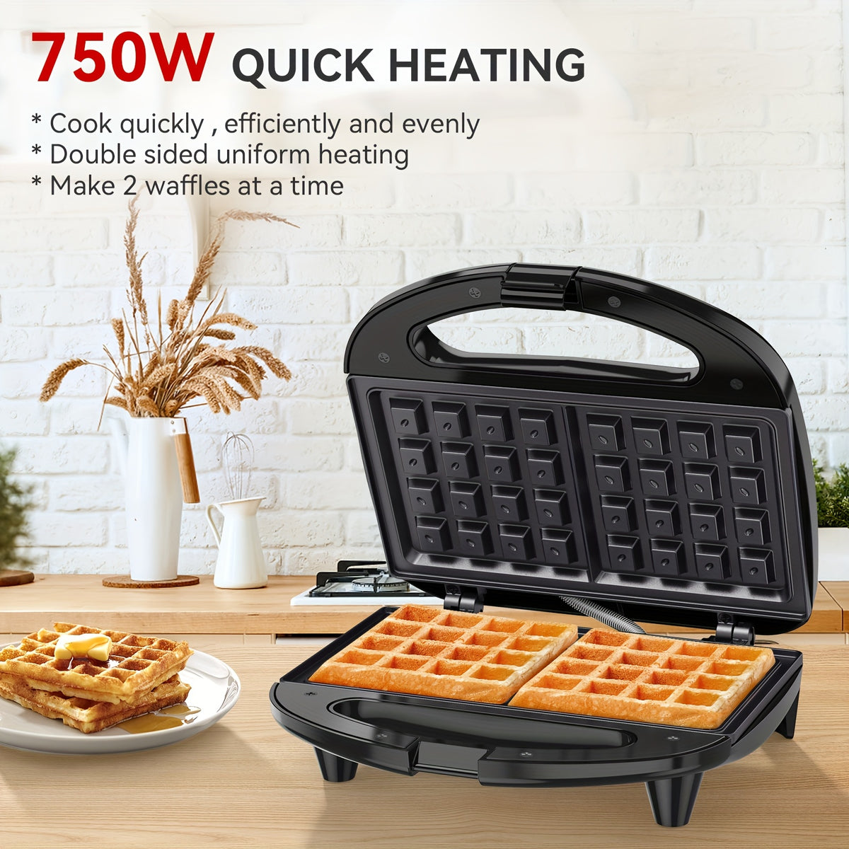2-Slice Belgian Waffle Maker | Nonstick PFOA-Free Waffle Iron with Indicator Lights | 750W Quick Heating for Breakfast & Snacks