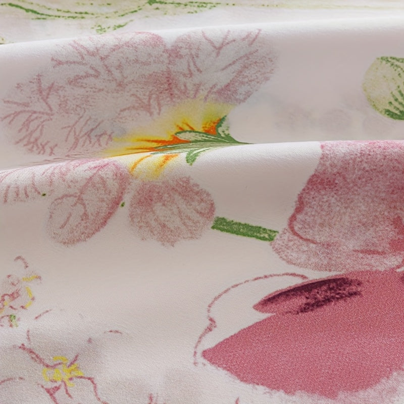 Floral Sheet Set 4 Piece – Fresh Natural Flower Plant Print Fitted Sheet Flat Sheet 2 Pillowcases, Soft Breathable All-Season Bedding for Bedroom & Dorm
