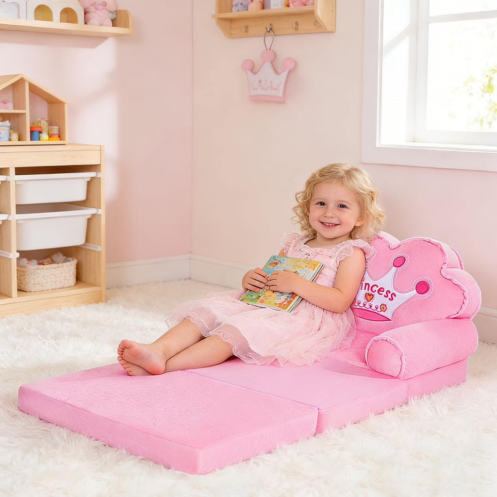 Flip Open Kids Sofa with Princess Crown Design – 2-in-1 Foldable Couch & Lounger Chair, Machine Washable Plush Cover, Certified Safe Foam, Dreamy Reading Nook Gift for Girls