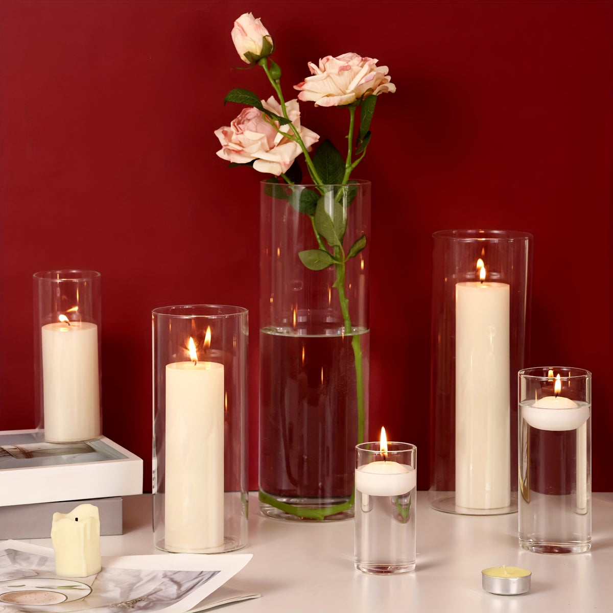Glass Cylinder Vases Set 15/20/25/30pcs 5 Sizes – Transparent Hurricane Flower Vases for Wedding, Home, Party & Office Decor