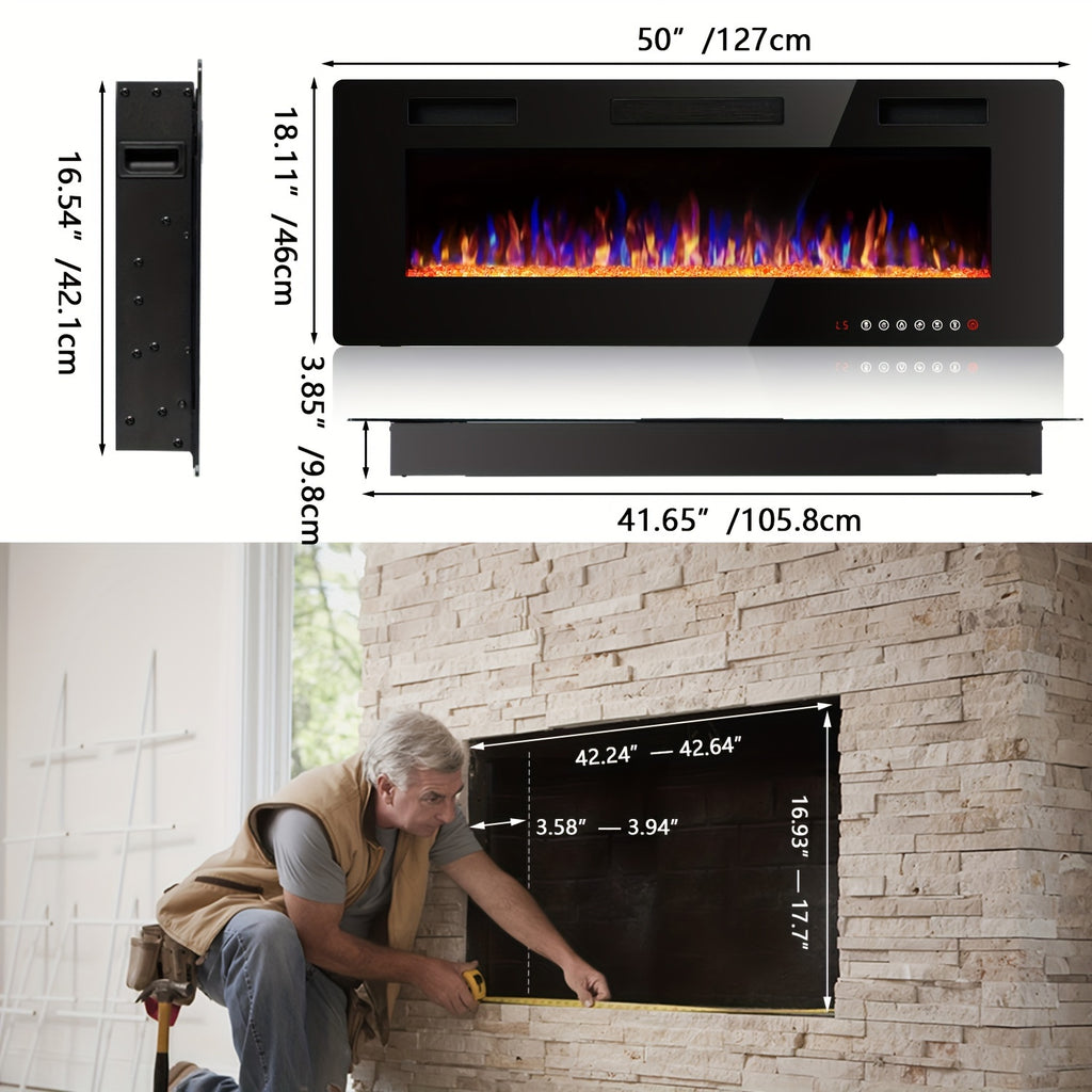 Vitesse Ultra-Thin Electric Fireplace In-Wall Recessed & Wall Mounted Linear Heater Multicolor Flame Timer 750W/1500W Touch Screen Remote Control