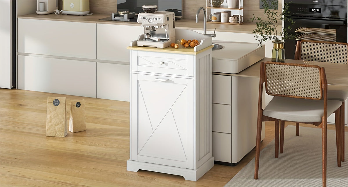 Tilt-Out Trash Can Cabinet 12 Gallon – Hidden Trash Cabinet with Drawers for Kitchen, Pantry & Laundry Room, Freestanding Kitchen Island Storage