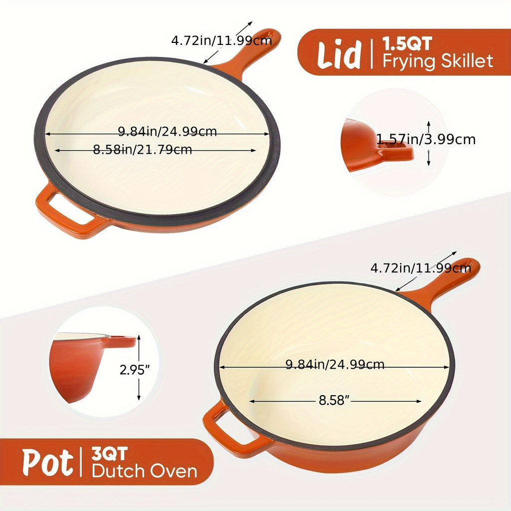 2-in-1 Enameled Cast Iron Dutch Oven Set – 3QT Pot + 1.5QT Skillet Lid, 3 Colors, Indoor Outdoor Frying Baking Stewing Grilling