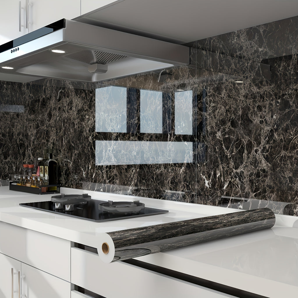 Marble Contact Paper Waterproof Self-Adhesive PET Film Heat Oil Resistant Glossy Vinyl Wrap for Kitchen Cabinets Bathroom Countertops Drawer Liner Furniture Decor White Black Marble 15.75x196.85 in