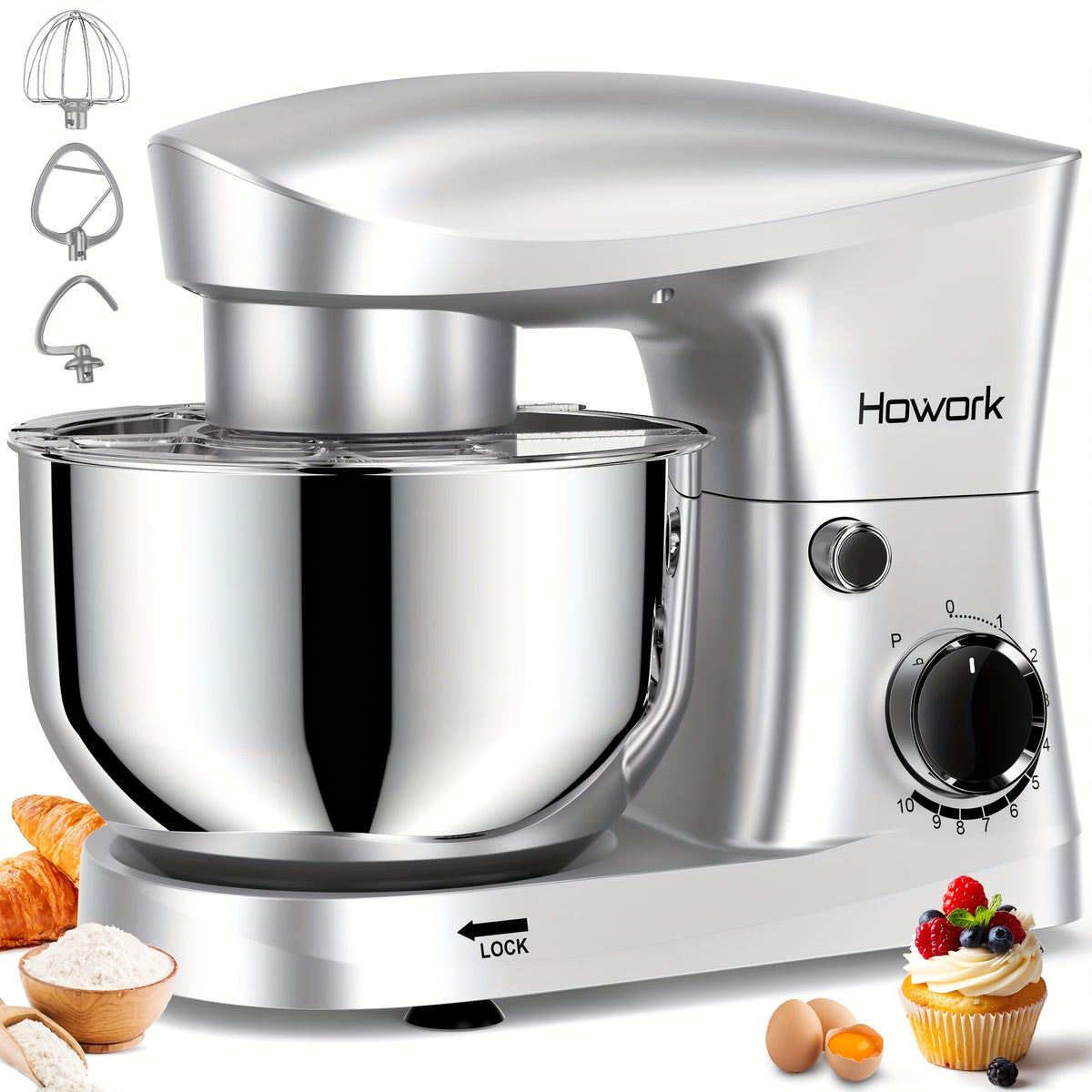 Stand Mixer 5QT 10-Speed Electric Kitchen Mixer with Dough Hook, Flat Beater, Wire Whip & Pouring Shield | Dishwasher-Safe Attachments for Baking & Cooking | Red, Silver or Blue
