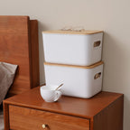 Storage Bins with Lids Wood Top, Plastic Stackable Storage Containers with Handle & Labels, Organizer Boxes for Home, Office, Bookshelf, Playroom & Medicine Cabinet, White, Set of 1/2/4/8