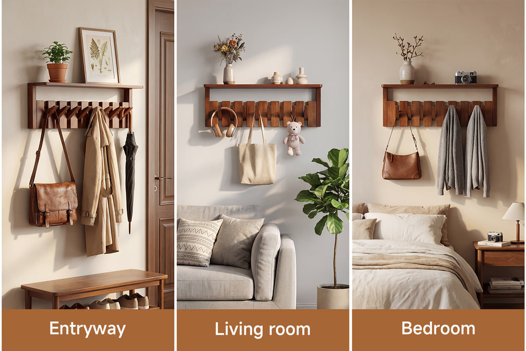 Wall Mounted Coat Rack Foldable Hooks Solid Rubberwood 6 or 8 Hooks 22 lbs Capacity Floating Shelf Dual Installation Drilling or Adhesive for Entryway Bedroom Bathroom Living Room