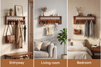 Wall Mounted Coat Rack Foldable Hooks Solid Rubberwood 6 or 8 Hooks 22 lbs Capacity Floating Shelf Dual Installation Drilling or Adhesive for Entryway Bedroom Bathroom Living Room