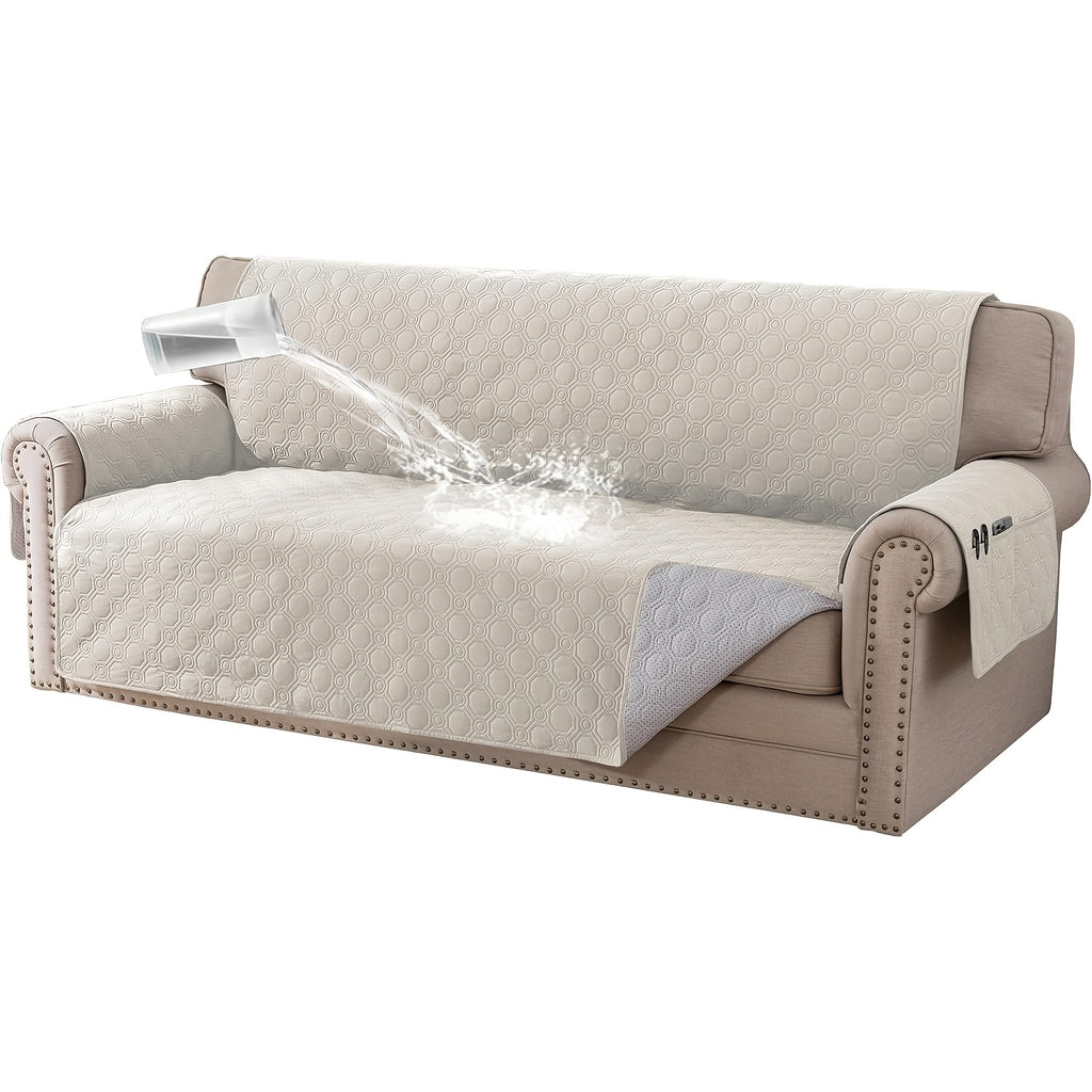 Liquid-Resistant Sofa Cover with Pocket, Geometric Pattern Couch Slipcover Furniture Protector for Pets, Washable Thick Soft 1 2 3 4 Seat Sizes Chair Loveseat Sofa