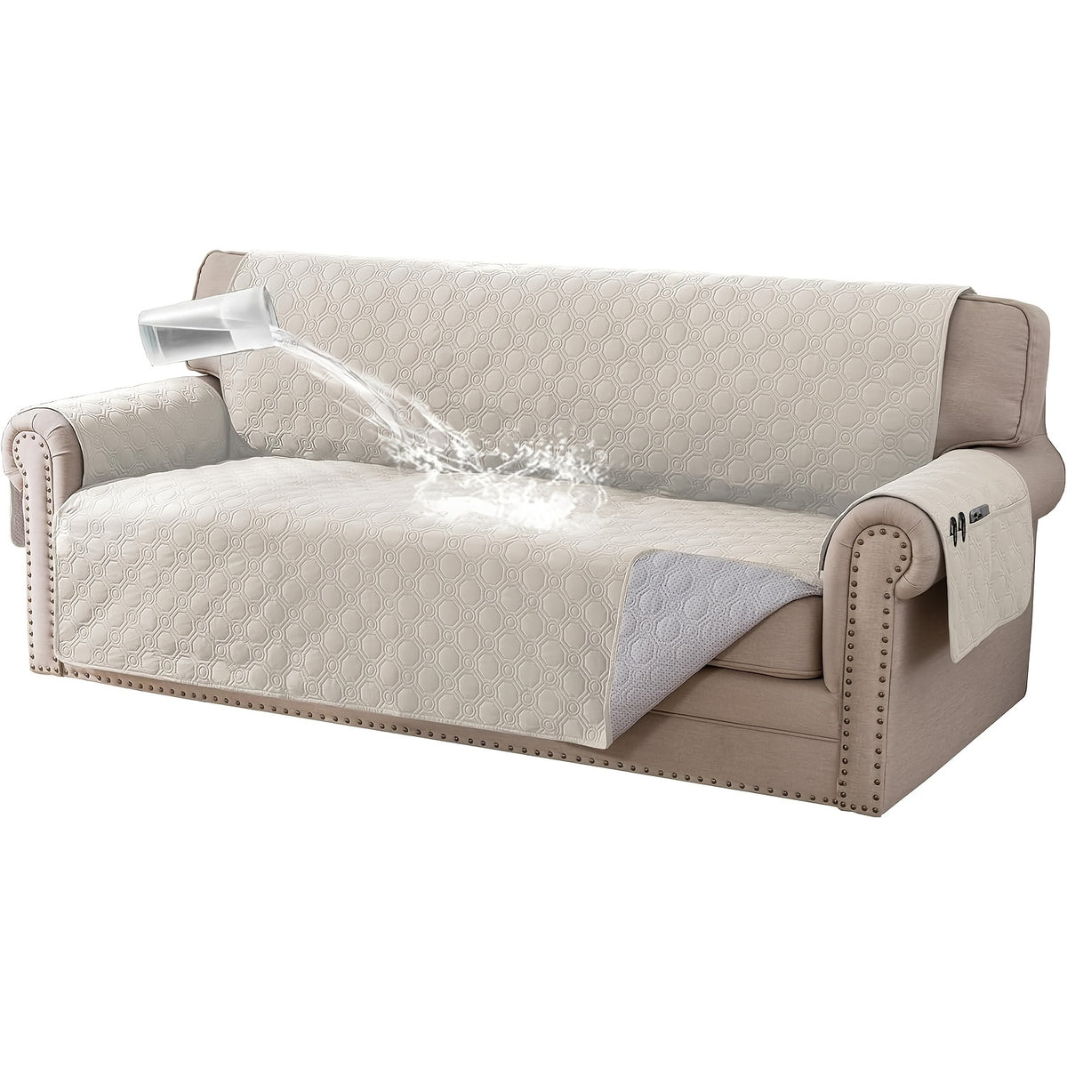 Liquid-Resistant Sofa Cover with Pocket, Geometric Pattern Couch Slipcover Furniture Protector for Pets, Washable Thick Soft 1 2 3 4 Seat Sizes Chair Loveseat Sofa