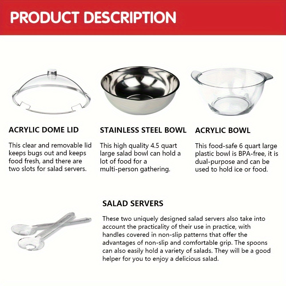 Large Salad Bowl Set with Ice Chiller Base Lid & 2 Serving Spoons – Clear Refrigerated Veggie Tray for Parties Buffets & Holiday Entertaining | BPA-Free Party Platter