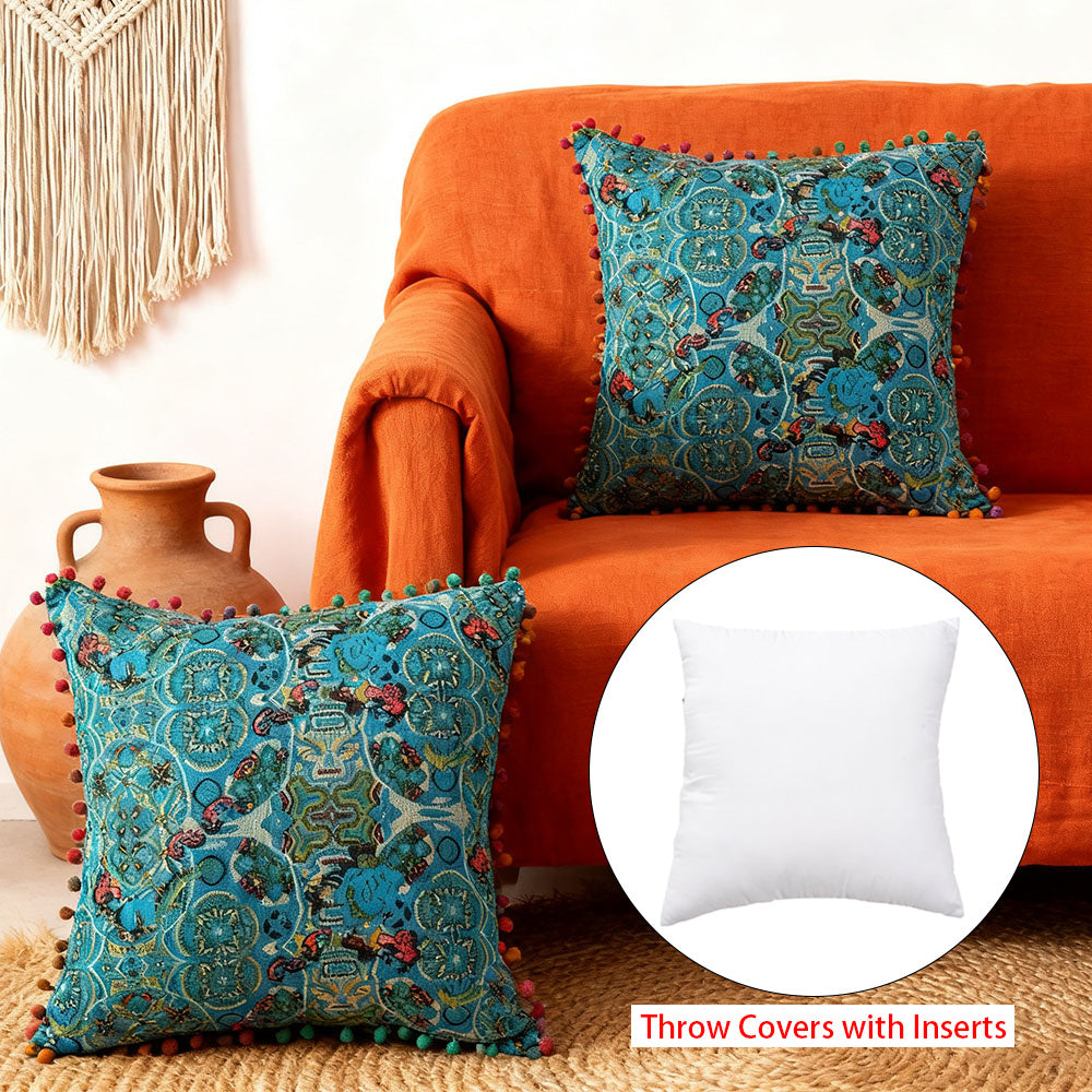 2-Pack Turkish Moroccan Throw Pillows with Inserts Reversible Floral Boho Decorative Pillow 18x18 Inch Polyester Square Cushion Zip Cover for Sofa Couch Bedroom Living Room 7 Colors