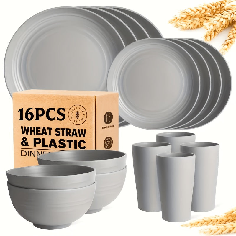16 or 32pcs Wheat Straw Dinnerware Set Plates and Bowls Microwave Dishwasher Safe Durable Plastic Tableware for 8 – Party Gifts Multiple Colors