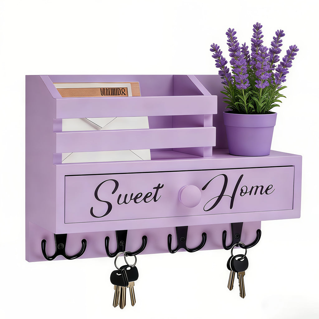 8-Hook Wall-Mounted Key & Mail Holder with Storage Drawer – Rustic Wood Entryway Organizer for Kitchen, Mudroom & Office, Adhesive Paintable Hooks, Space-Saving Easy Install