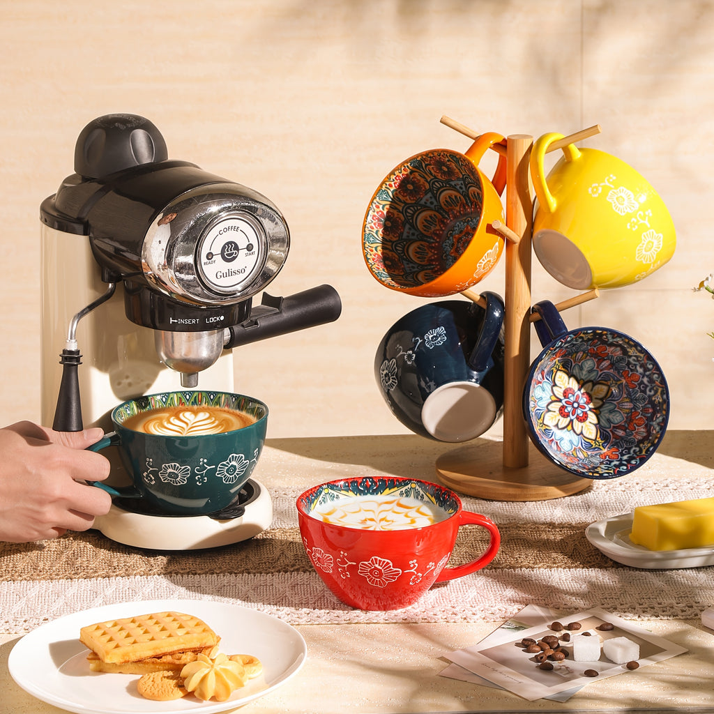 Bohemian Ceramic Breakfast Mugs Set of 6 – 15oz Large Coffee Mugs Microwave Safe for Hot & Cold Drinks – Holiday Gift for Halloween Thanksgiving Christmas