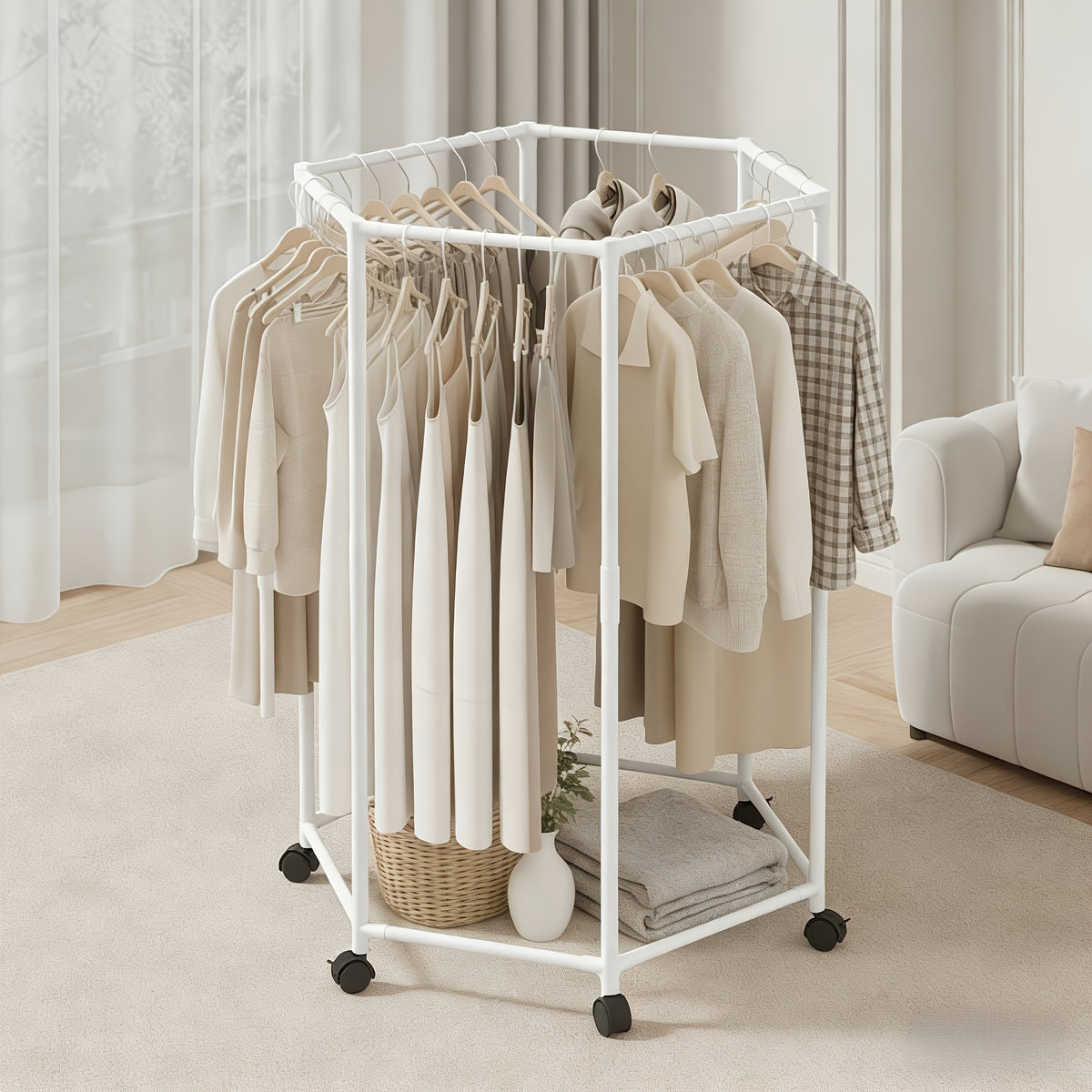 Hexagonal Rotating Clothes Rack with Wheels Large Capacity Freestanding Garment Rack for Bedroom Closet Entryway