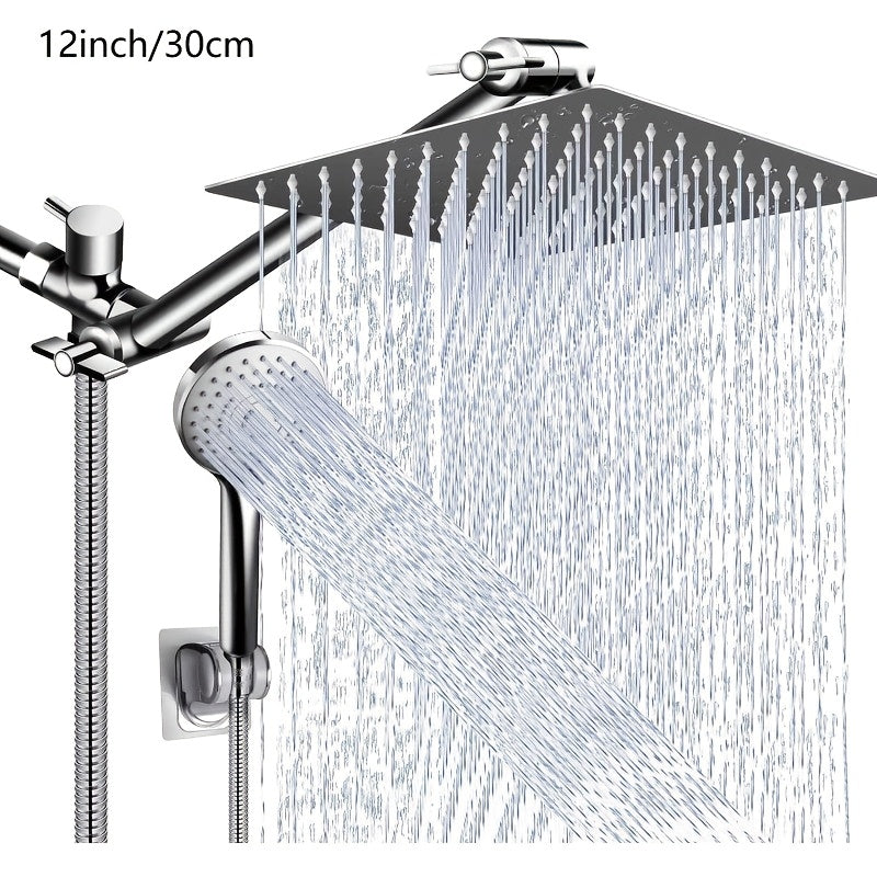 3-Way Rain Shower Head System Dual Heads with Handheld Spray High Pressure Extension Arm 8 10 12 Inch Black Chrome