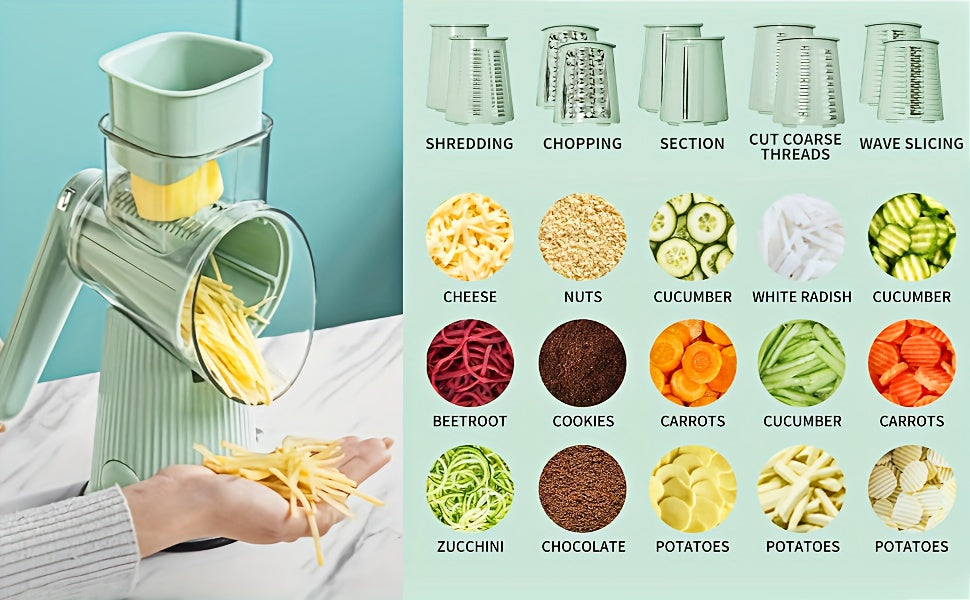 5-in-1 Rotary Cheese Grater with Interchangeable Blades, Suction Cup Base & Handle – Manual Vegetable Slicer Shredder for Cheese, Fruits, Nuts & Vegetables – Easy Clean Kitchen Tool Set