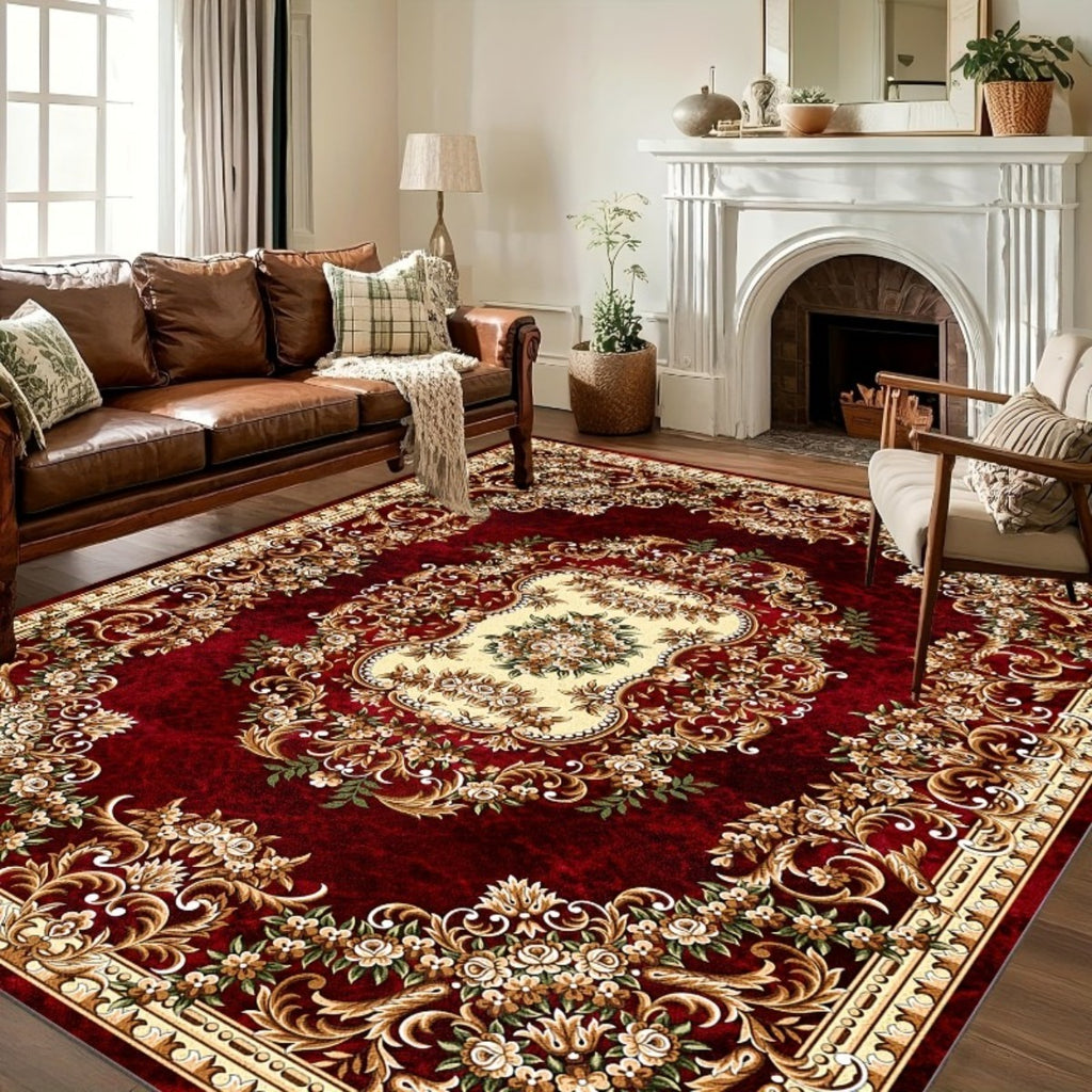 Luxury Holiday Floor Mat Non-Slip Machine Washable - Elegant Burgundy Gold Green Heavy-Duty Area Rug for Living Room Bedroom Hallway, Christmas Thanksgiving Festive Home Decor