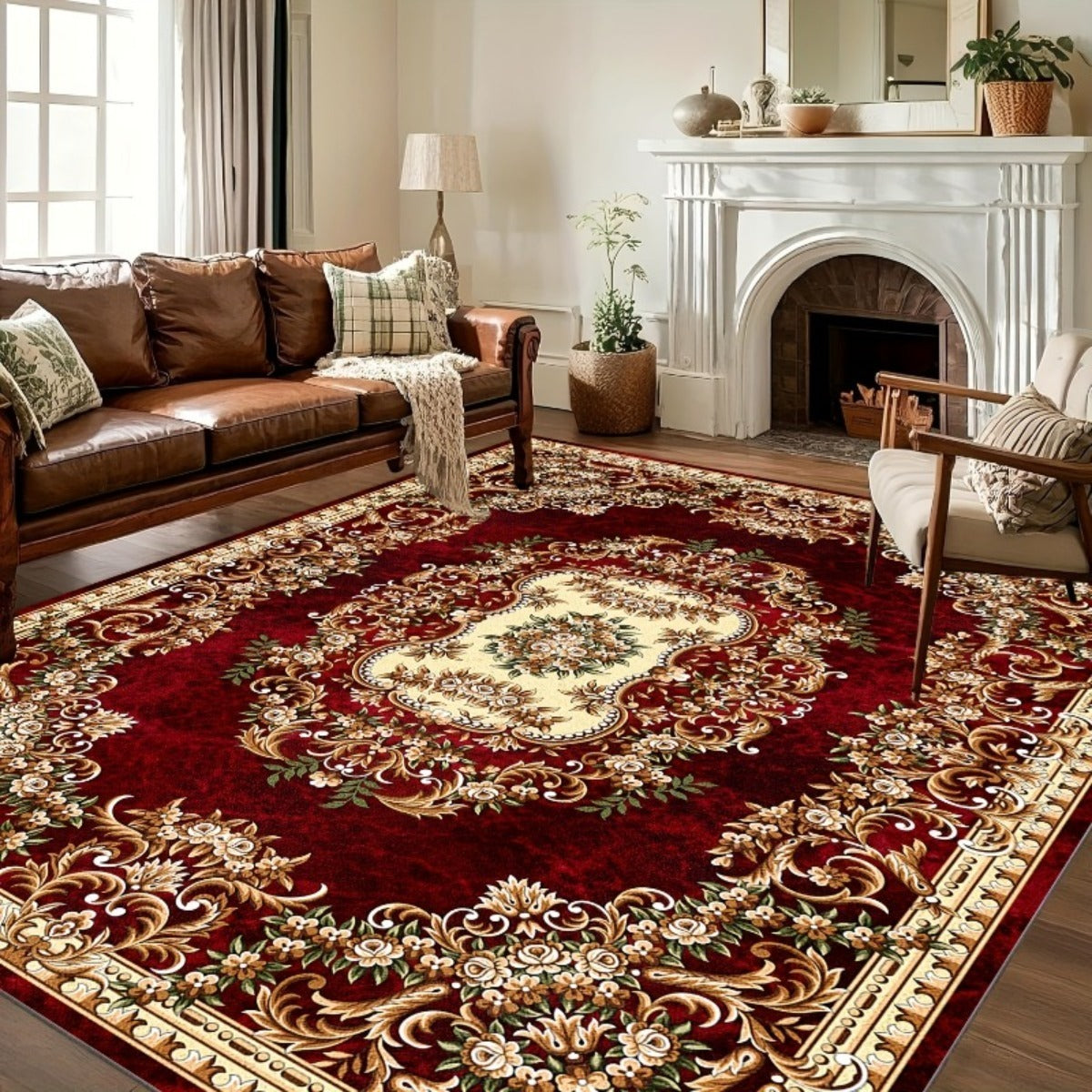 Luxury Holiday Floor Mat Non-Slip Machine Washable - Elegant Burgundy Gold Green Heavy-Duty Area Rug for Living Room Bedroom Hallway, Christmas Thanksgiving Festive Home Decor