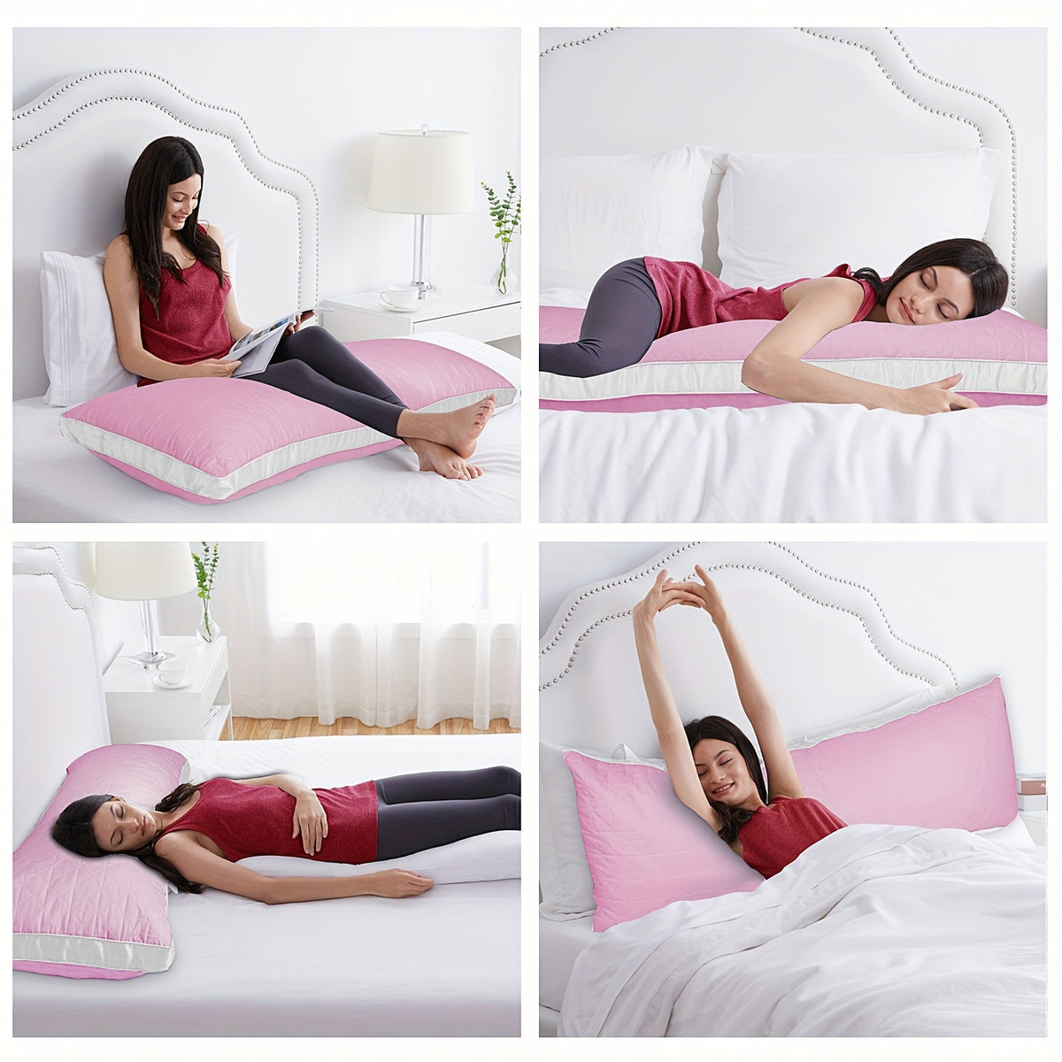 Firm Full Body Pillow for Adults – Long Bed Pillow for Side, Back & Stomach Sleepers | Supportive Body-Length Sleep Pillow in Grey & Pink