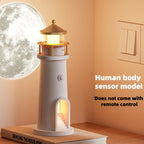 Moon Lighthouse Night Light with Projector & Motion Sensor, USB Rechargeable or Plug-In Moonlight Lamp with Auto-On Body Sensor, Decorative Bedroom Night Light & Unique Home Decor Gift