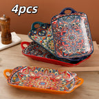 4-Piece Bohemian Ceramic Double-Ear Rectangular Fish Plate Set – Decorative Serving Platter & Baking Tray for Pasta, Steak, Sushi, Salad & Western Cuisine
