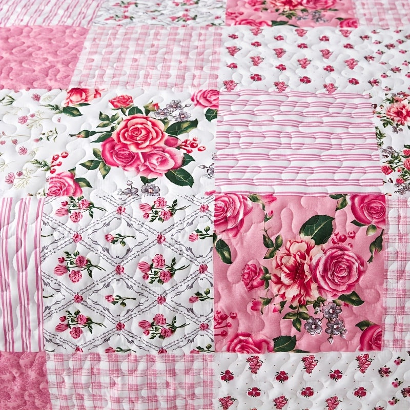 Pink Patchwork Quilted Bedspread Set 3 Piece – Sweet Floral Print, 1 Bedspread + 2 Pillowcases, Soft Breathable All-Season Bedding, Machine Washable, Twin Full/Queen King, Bedroom & Dorm Decor