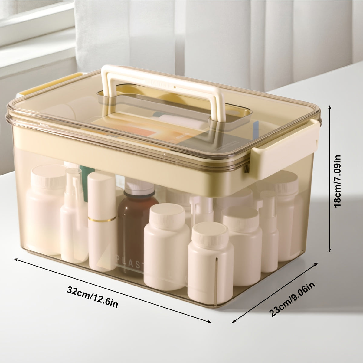 Large Capacity Pill Organizer Box with Easy-Grip Handles – Multi-Layer Plastic Medicine Storage Container for Home, Travel & Office, Secure Space-Saving Household Sundries Organizer