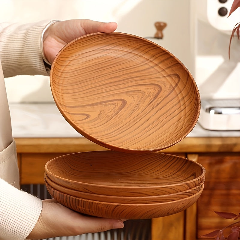10-Piece Wood Grain Dinner Plates Set 7.8 Inch Thickened Plastic Plates Salad Breakfast Serving Trays Family Dining Multi-Use