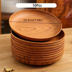 10-Piece Wood Grain Dinner Plates Set 7.8 Inch Thickened Plastic Plates Salad Breakfast Serving Trays Family Dining Multi-Use