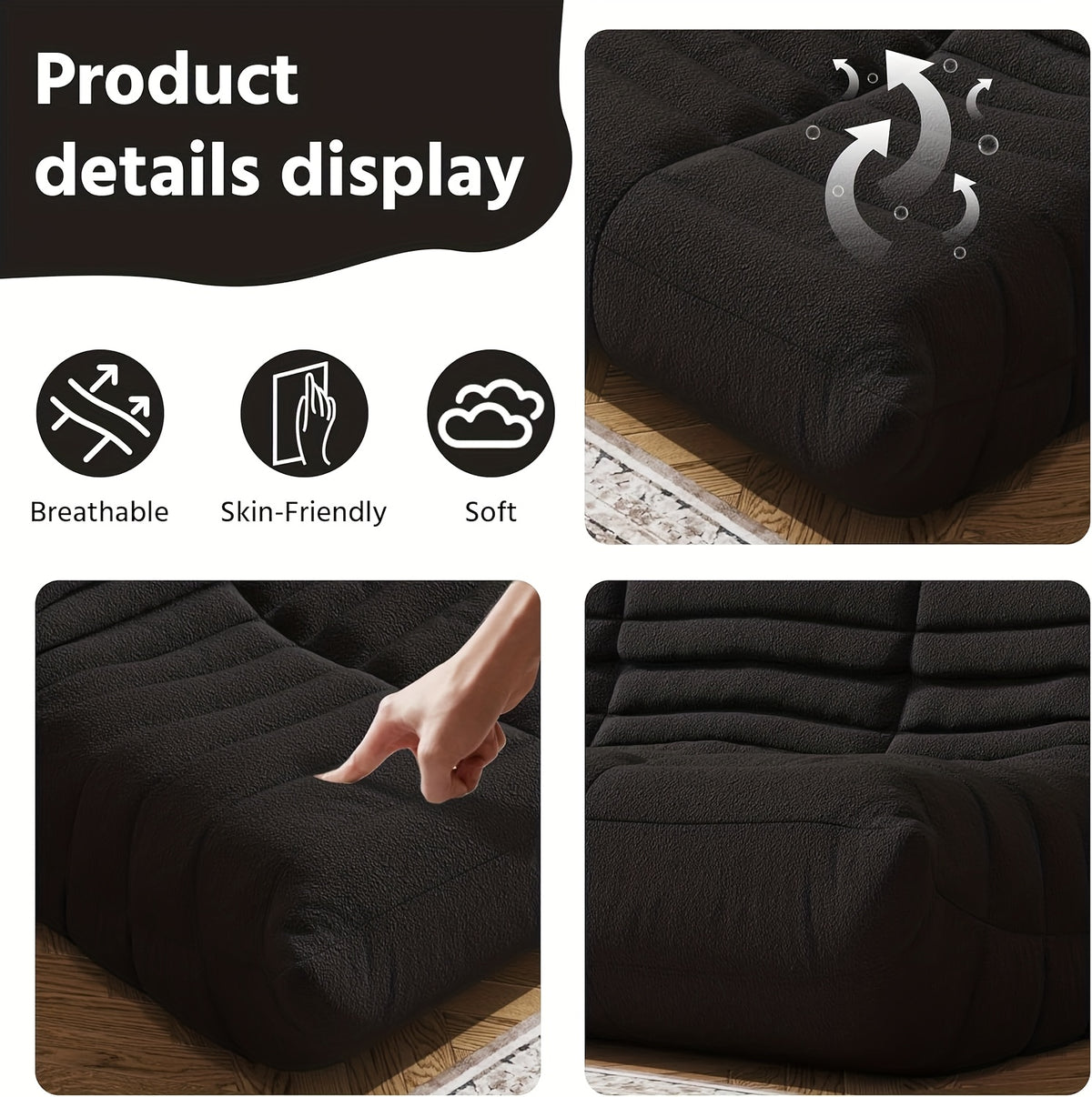 Caterpillar Floor Bean Bag Sofa – Teddy Velvet High-Density Foam Ergonomic Lounge Sofa, 1-2-3 Person, for Living Room Bedroom Game Room, Multiple Colors