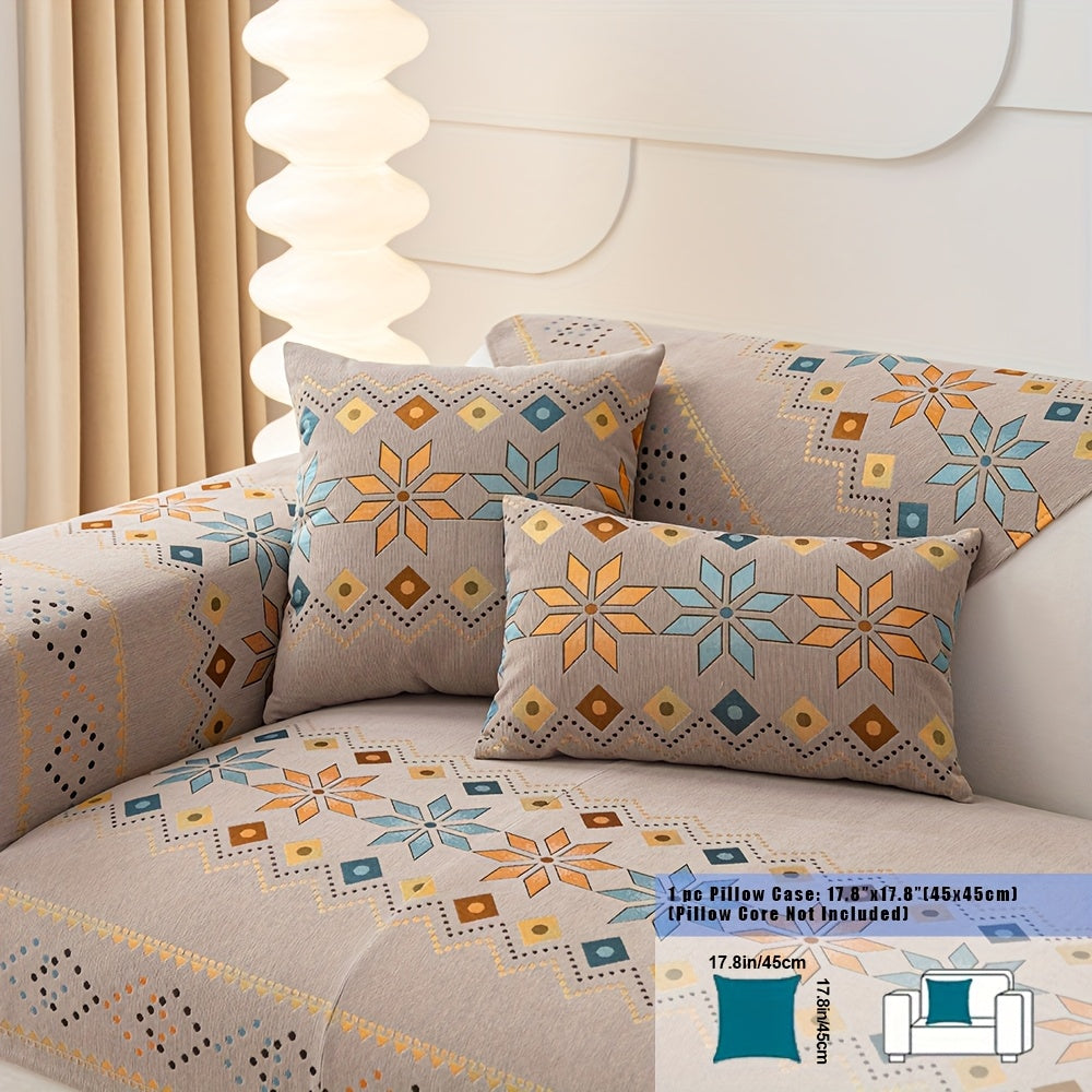 Embroidered Chenille Sofa Slipcover Bohemian Geometric Floral Pattern | Non-Slip Machine Washable Couch Cover for 1-2-3-4 Seater with Armrest & Pillow Cover Options, 6 Colors