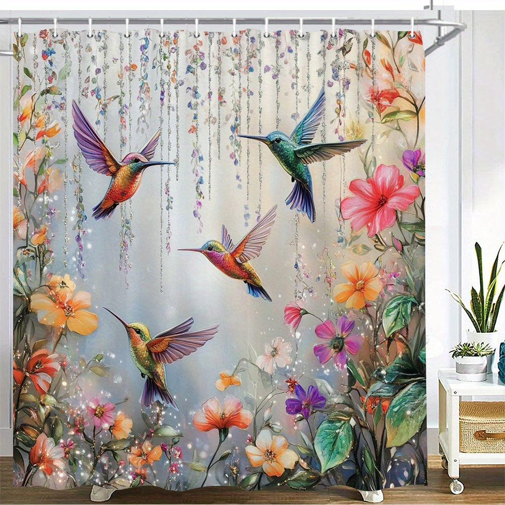 Hummingbird Floral Shower Curtain 70x70 Inch – Vibrant Iridescent Pink Orange Purple Flowers Polyester Fabric Machine Washable Nature Lover Bathroom Decor