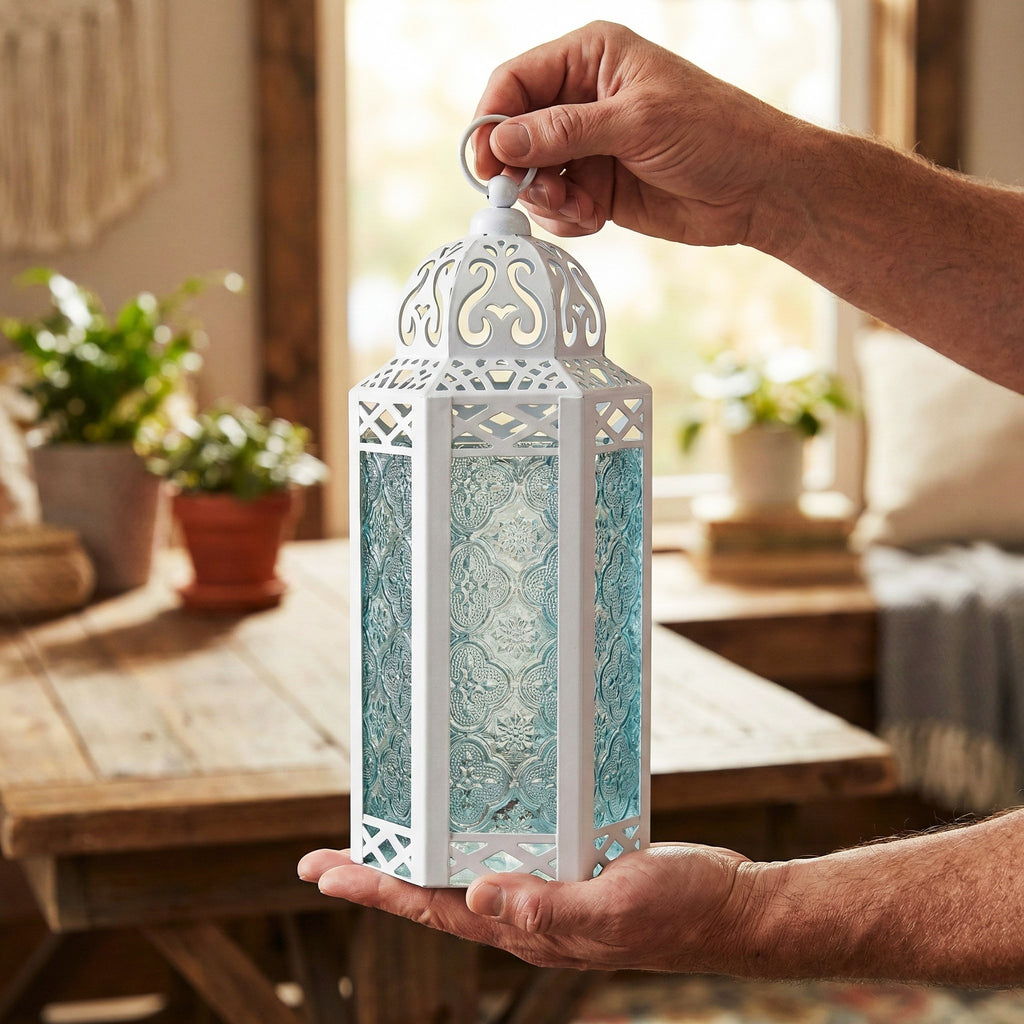 Moroccan Candle Lantern Holder Medium 10.5 Inch – Handcrafted Glass Iron Metal Lantern with Embossed Floral Panels, 17 Colors, Indoor Outdoor Use for Ramadan, Wedding, Patio, Diwali & Home Decor