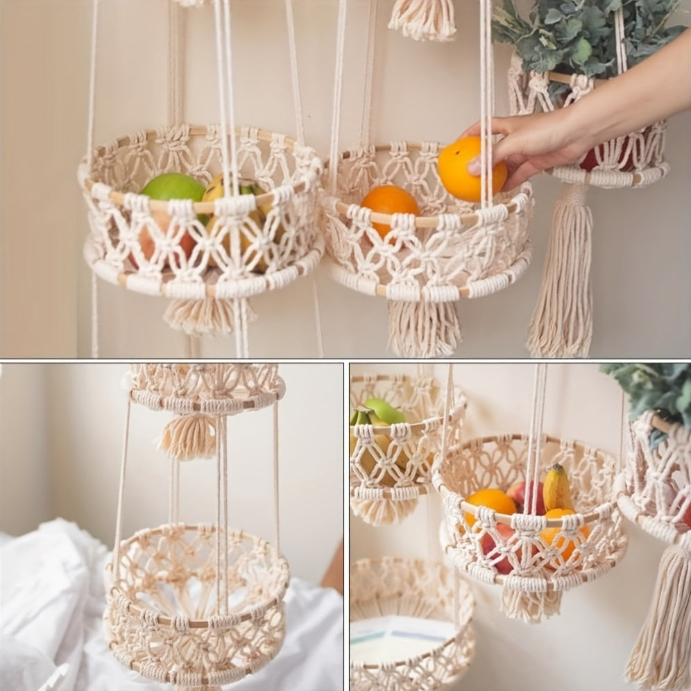 Macrame Hanging Fruit Basket 1/2/3-Tier Boho Wall Storage – Bohemian Hanging Basket for Fruits, Vegetables & Indoor Plants, Kitchen & Home Decor